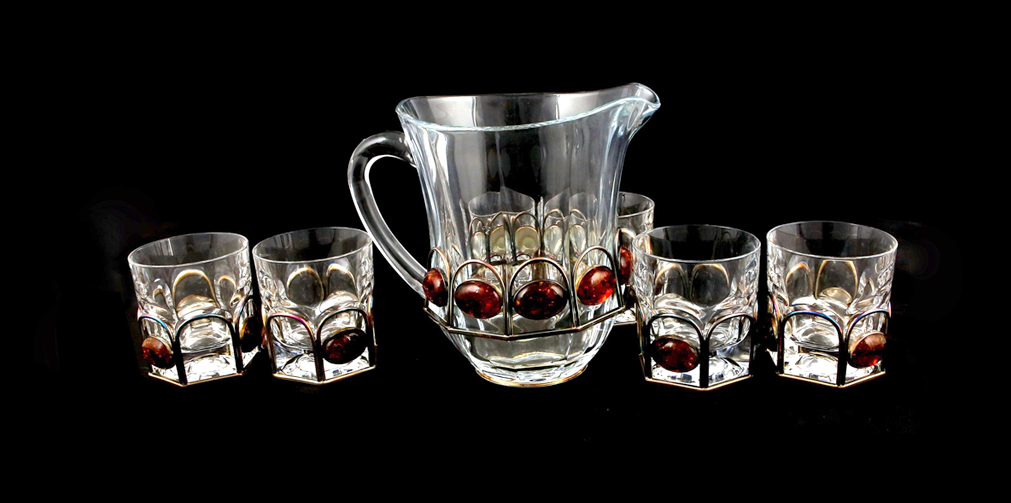 호박장식 유리잔 세트 Jar and glasses decorated with amber